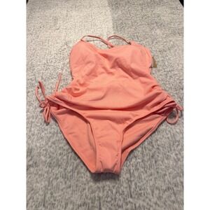 Shade Shore Coral Ribbed‎ Ruched Side Tie One Piece Swimsuit Women L NWT